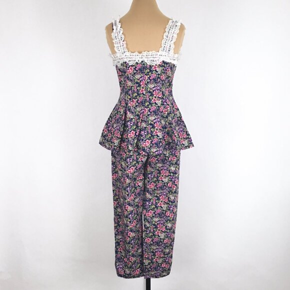 80s Floral Lace Trim Vintage Top Co-ord Set - Picture 2 of 13